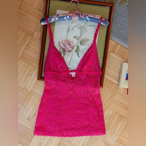 Vintage Victoria’s Secret fuchsia pink semi sheer lace chemise - Picture 3 of 4